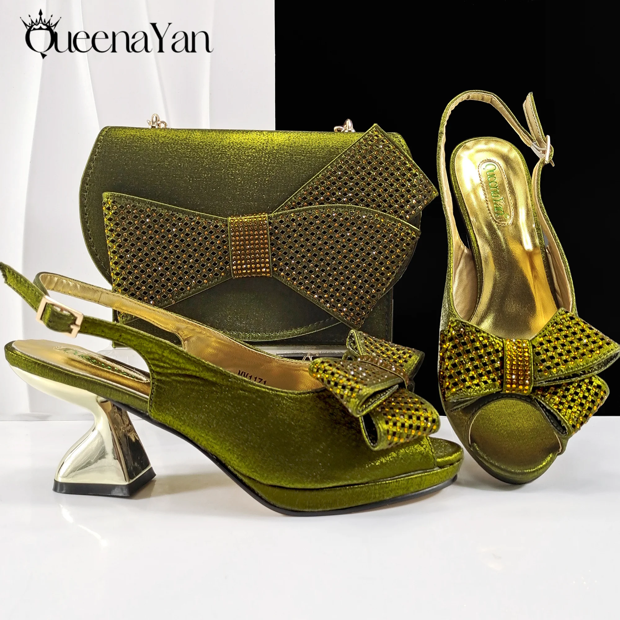 مجموعة أحذية وحقائب أفريقية بتصميم جديد من حجر الراين لعام 2025 باللون الزيتوني المفتوح من الأمام بكعب عالٍ مريح للنساء تخفيضات كبيرة على Instagram