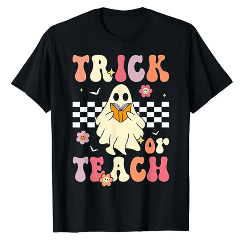 Trick or Teach Groovy Halloween Retro Floral Ghost Teacher T-Shirt Gifts Humor Funny Lovely Halloween Party Costume Cute Outfits