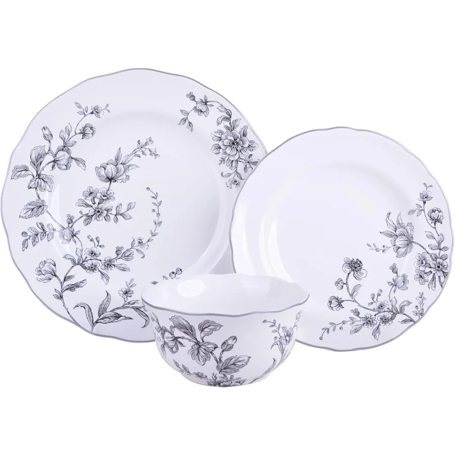 طقم أواني طعام من البورسلين مكون من 12 قطعة تتميز بألواح وأطباق وأطباق بيضاء وسوداء مع لمسة نهائية أنيقة من السيراميك اللامع