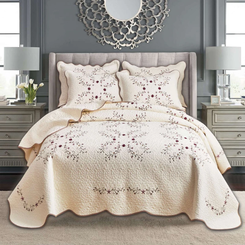 European Embroidered Quilt, 100% Cotton Quilted Bedspread 3-Piece Set, 1PC Summer Thin Blanket, Anti-Slip Bed Cover & Bedding