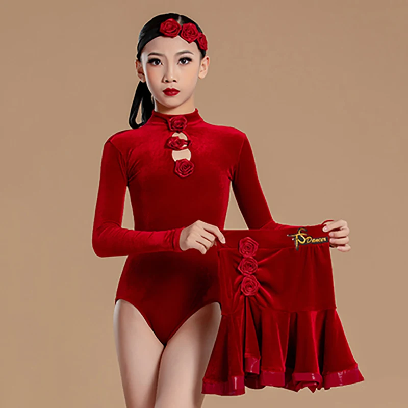 

Детский бархатный бордовый костюм для латиноамериканских танцев для девочек: боди с 3D цветами и плиссированной юбкой для выступлений и соревнований