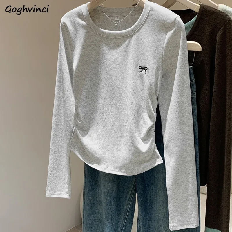 

T-Shirts Women Slim Fit Streetwear All-match Gentle Long Sleeve Folds Design O-neck Tops Autumn Popular Embroidery Bow Trendy