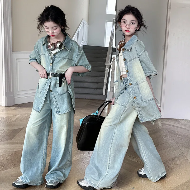 Design 14 ensemble jeans fille Short Sleeve Shirt+Wide Leg jeans 2pcs juniir kid pants suit teen girl clothes set child outfits