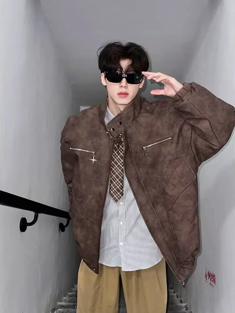 

Retro American Brown Leather Jaet Cotton Workwear Motorcycle Thiened Winter Men's Faion Outerwear PU Leather Coat