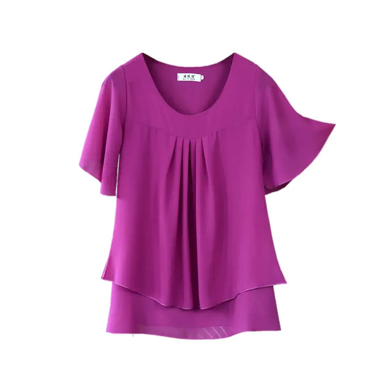 Women Blouses 2025 Summer Feminine Chiffon Blouse Solid Fashion Tops Short Sleeve Casual O-neck Base Women Loose Blouses