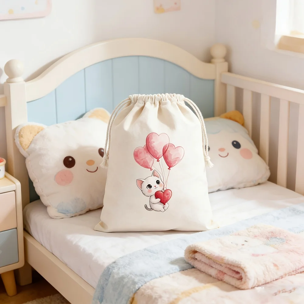 1Pc Custom Name/Text Cute Cat Pattern Imitation Hemp Gift Bag Drawstring Closure Storage Bag, Party Candy Bags, Daily Storage