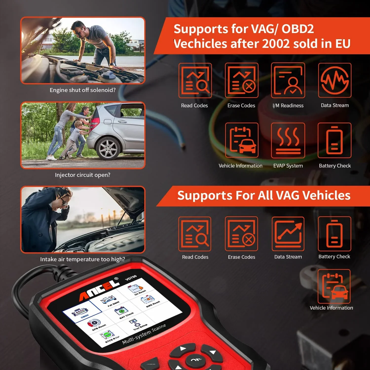 Ancel VD700 OBD2 Scanner Car Code Reader Full System Diagnostic Scan Tools EPB ABS D.P.F TPMS Oil Reset for VW Audi Skoda Seat