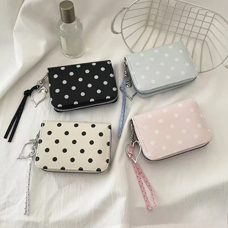 New Women's Dot Print Wallet Cute Heart Pendant Girls Korean Style Card Holder Wallet Purse Clutch