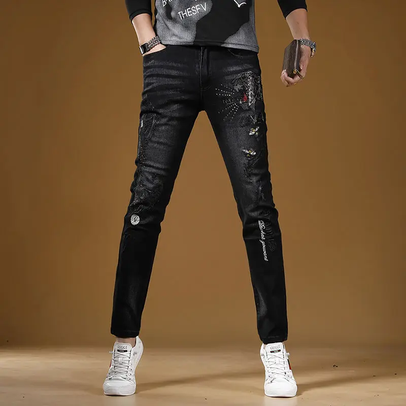 High Quality Men’s Black Denim Pants,Classic Embroidery Jeans,Slim-fit Korea Version Casual Jeans,Street Jeans Men;