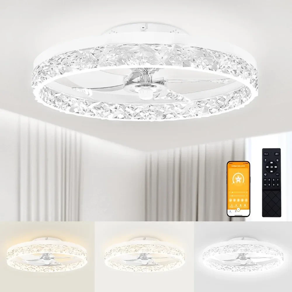 Modern Ceiling Fans with Lights and Remote, 19.7in Low Profile Ceiling Fan Flush Mount, Dimmable Bladeless LED Fan Light