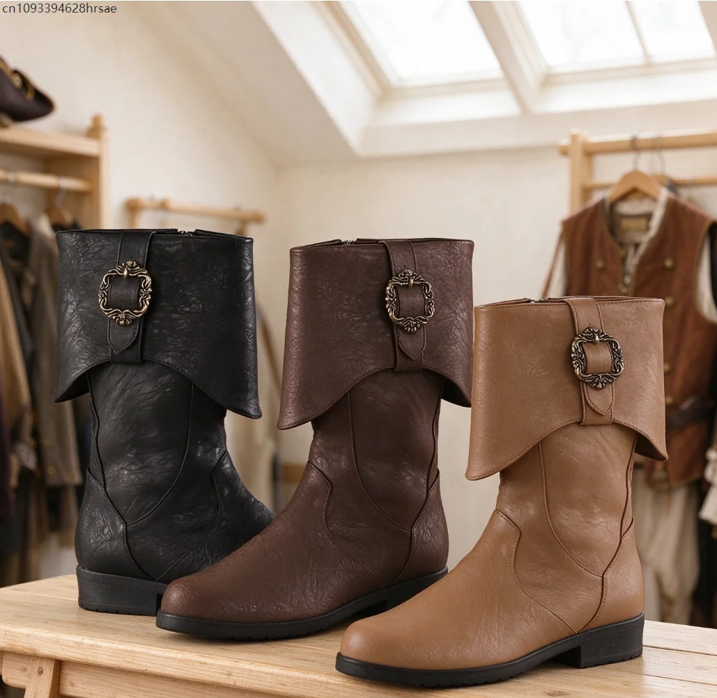 Vintage Renaissance Pirate Cosplay Boots for 3 Colors Leather Buckle Mid Boots Medieval Costume Footwear Masquerade Party Shoes