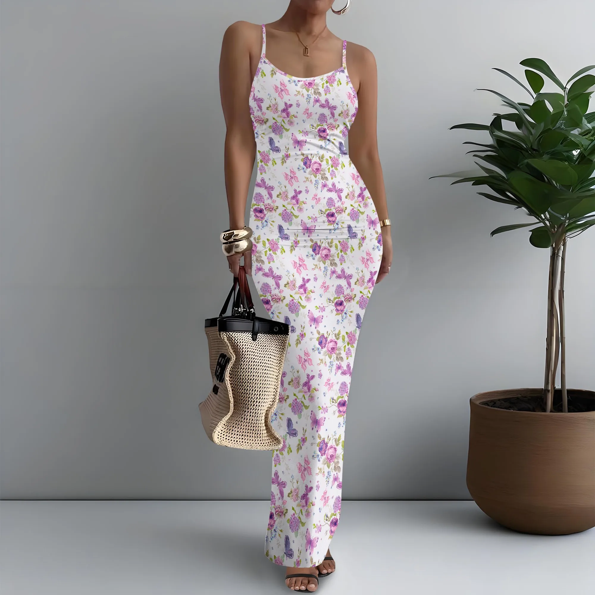 

Women's Spaghetti Strap Maxi Dress Cottagecore Butterfly Print Garden XS-3XL