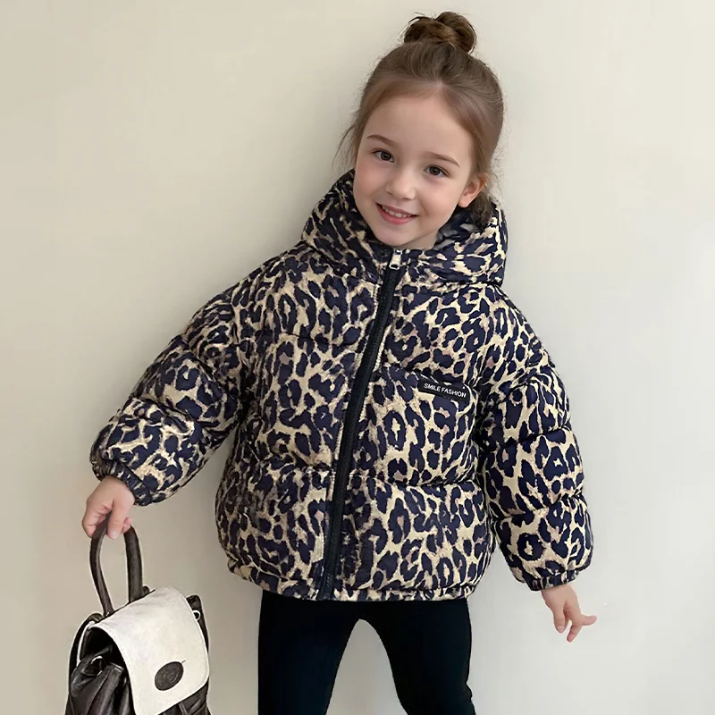 Kids Winter Floral Print Down Cotton Jacket 1-5 Years Boys Girls Plush Warm Leopard Hooded Coat Casual Zipper Outerwear