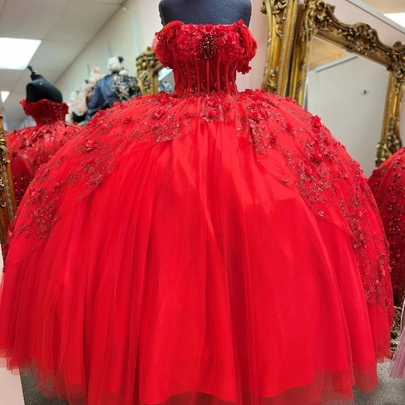 

Red Sequins Ball Gown Quinceanera Dress Tulle Appliques Flowers Lace Beads Off Shoulder Sweet 15 16 Birthday Party Formal