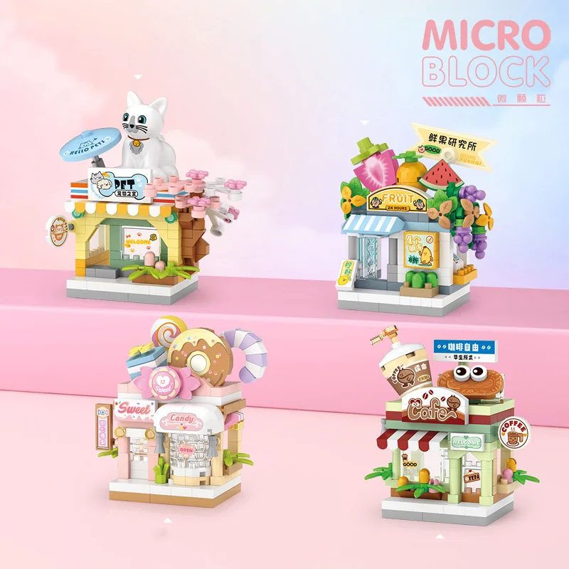 

Creative Micro Diamond Block Street View Pets Coffee Fruit Shop Candy Store Architecture Building Brick Nanobrick Toys For Gifts