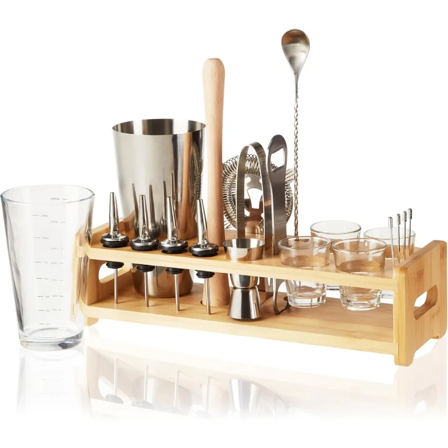 

20Piece Cocktail Shaker Bar Set with Wooden Stand Includes Boston Shaker Mixing Glass Muddler Jigger Strainer Bartender Kit for