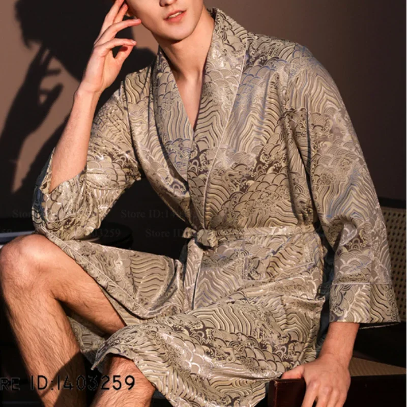 French Style Jacquard Men's Robe Kimono Gown Spring Summer Ice Silk Bathrobe Sleepwear Loose Casual Ice Silk Homewear Loungewear