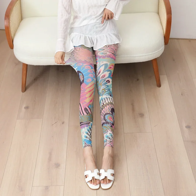Leggings finos con estampado colorido para mujer, medias transpirables con protección solar y malla fina, resistentes y frescas, de poliéster, para verano