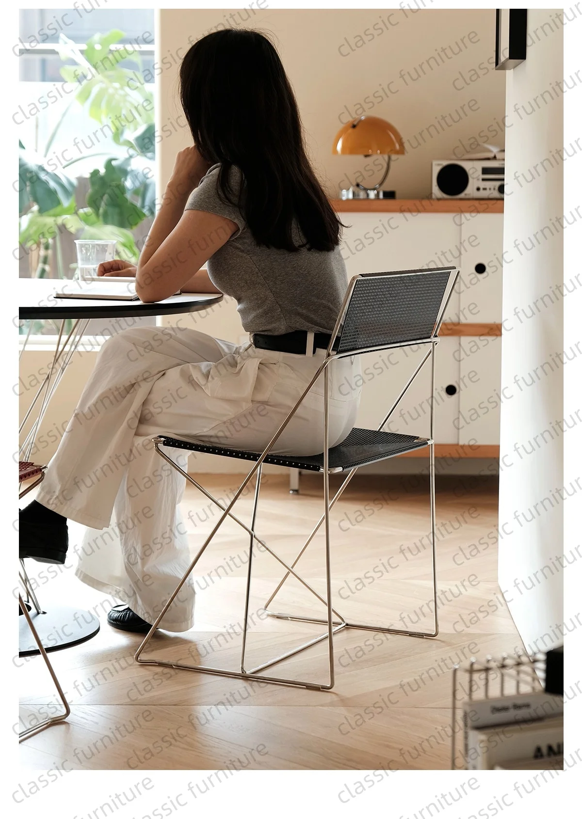 X Line كرسي طعام قابل للتكديس أسلاك الفولاذ المقاوم للصدأ مطلي بالكروم شبكة معدنية Panal بساطتها الدنمارك كرسي داخلي للمنزل #3