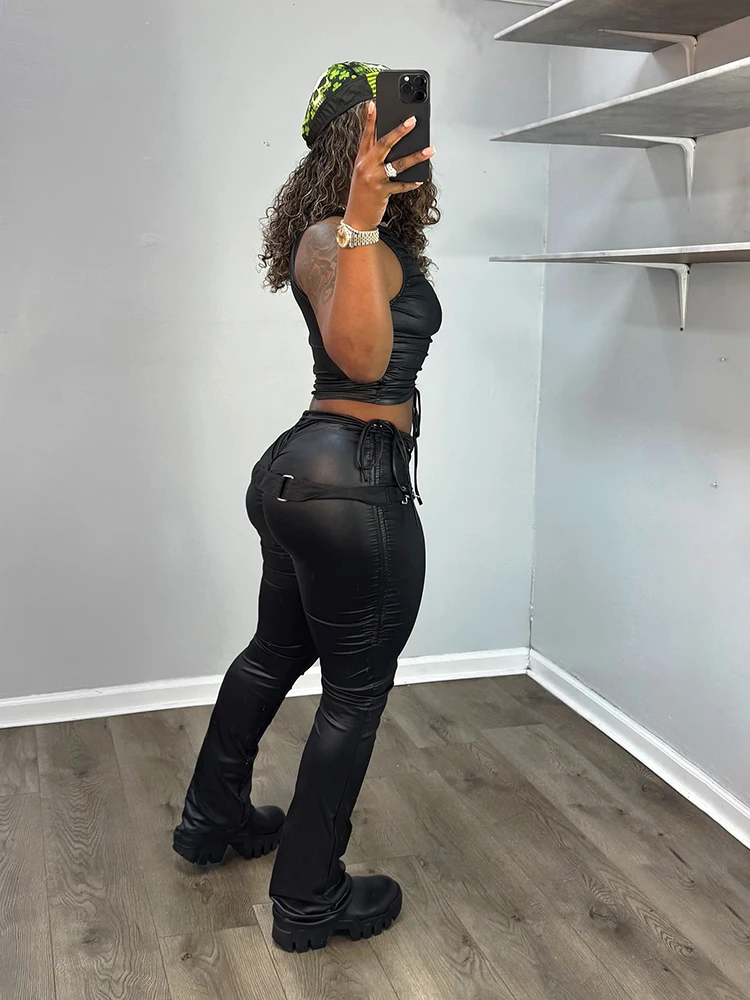 Kliou Decorazione con coulisse Set da 2 pezzi Donna in pelle PU o-collo Canotte con ombelico esposto + Pantaloni lunghi skinny Abiti stile hip-hop
