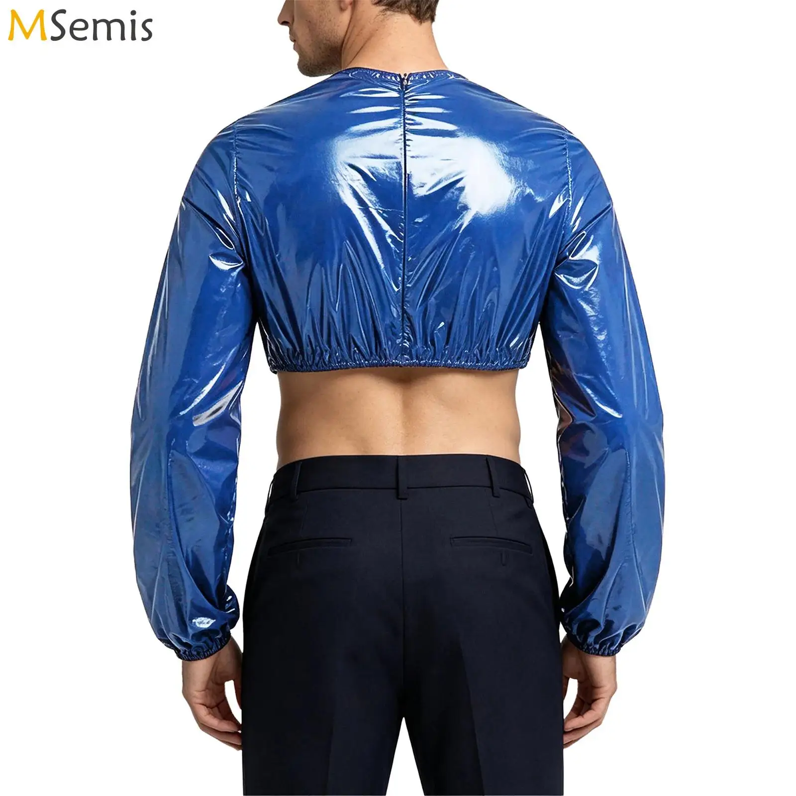 Mens Shiny Metallic Crop Top Long Sleeve O‑Neck Midriff T‑Shirt Glossy Stretchy Waterproof Cropped Top Club Party Rave Costume
