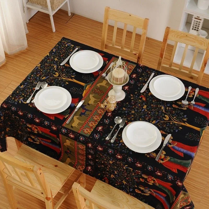 Ethnic Style Cotton and Linen Tablecloth with Retro Pattern Printing, Southeast Asian Cloth, Soft Tea Table Cover Towel