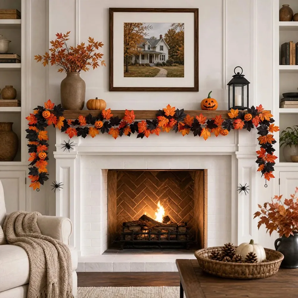 1Pcs Halloween Artificial Maple Leaf Garland 175cm Fall Autumn Fake Foliage Vine Hanging Ivy for Home Party Wall Fireplace Decor