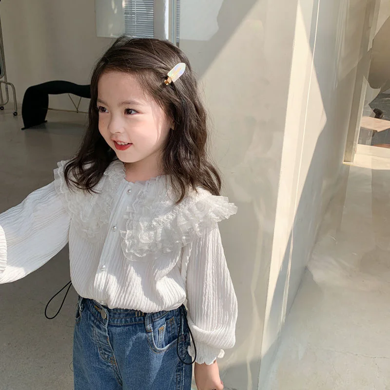 2024 Autumn Blouse New Girls Lace Shirt Korean Childrens  Long Sleeved Top Baby  Shirt