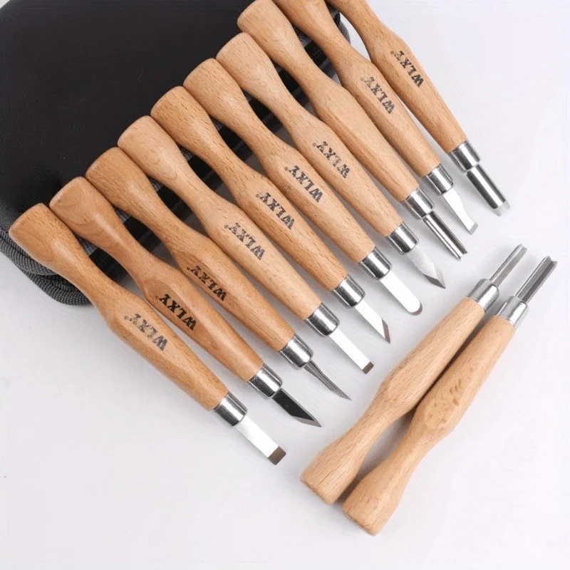 Set Of 12 Professional Wooden Carving Chisels And Knives, Including A Grinding Stone, Designed For Detailed Carving By Woodworke