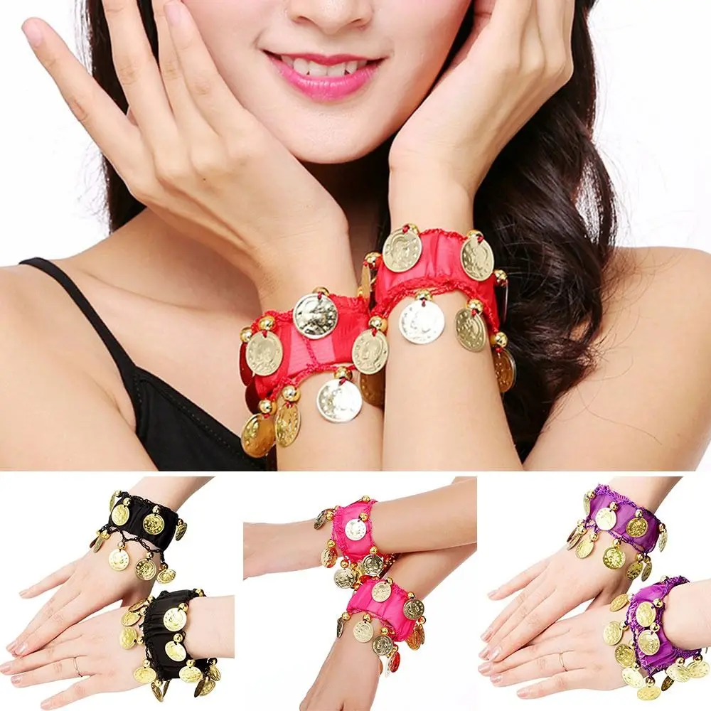 1Pair Belly Dance Wrist Ankle Cuffs Bracelets Chiffon Gold Coin Rattle Bracelet Belly Dance Costume Accessories