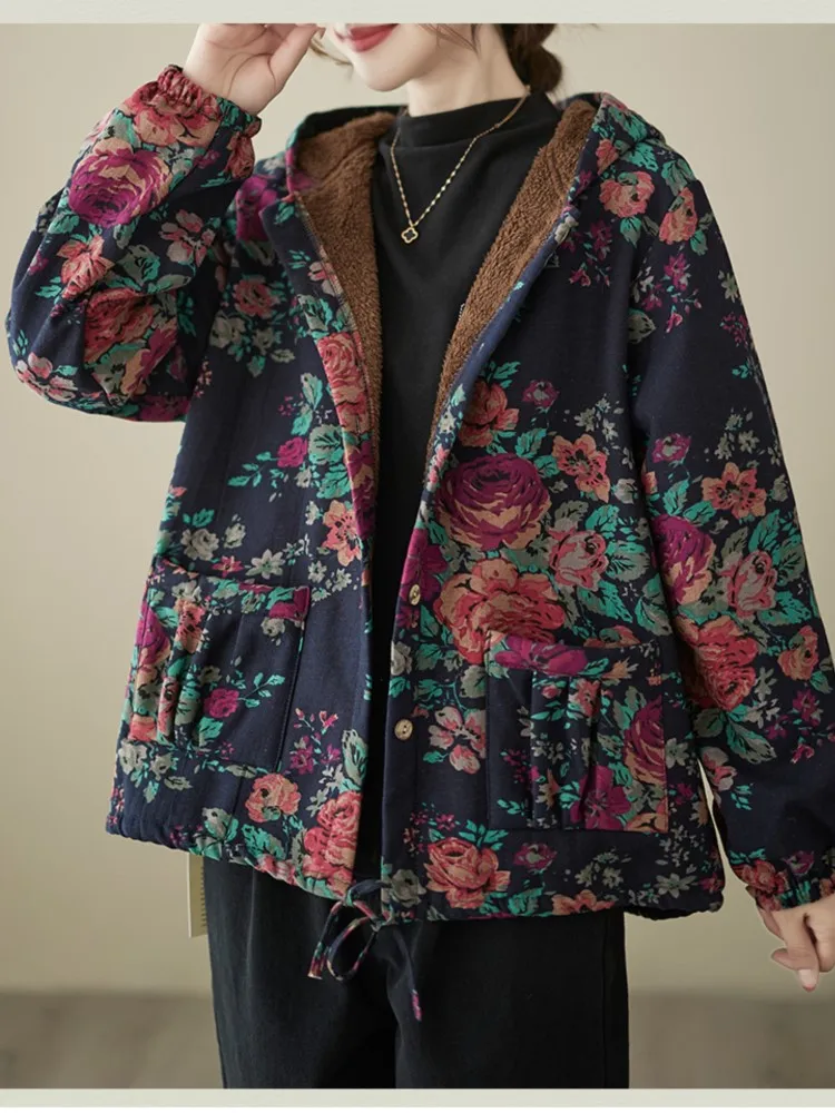 Autumn Winter Flower Floral Print Hooded Coat Women Long Sleeve Casual Fashion Ladies Jackets Loose Oversized Woman Jackets Coat