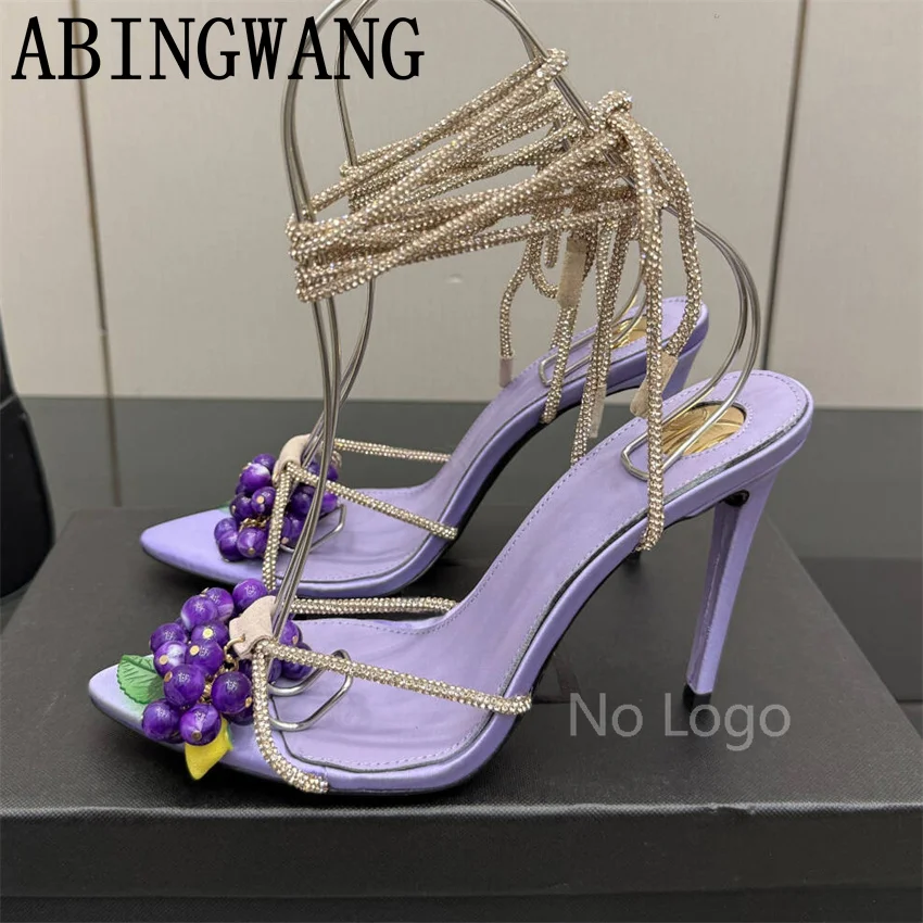 Summer New Leather String Bead Decorate Lace Up Peep Toe Thin High Heel Sandals Elegant Sexy Ladies Party Sandals Shoes Woman