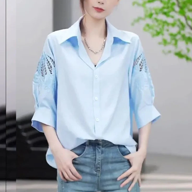 2024 New Summer Chic Bohemian Retro Loose Casual Office Lady Women\'s Shirt Solid Color Hollow Out Turtleneck Short Sleeve Tops