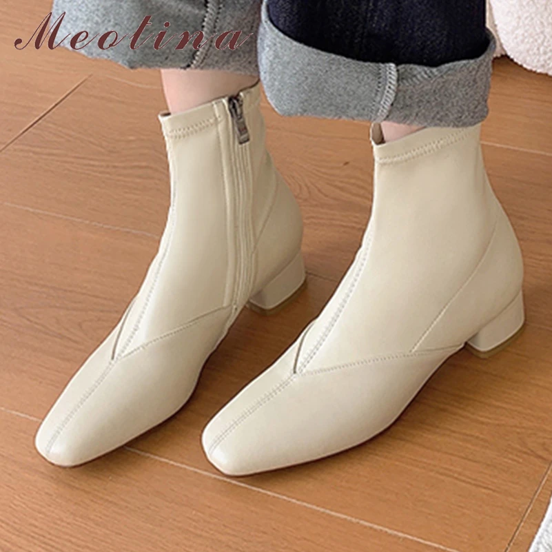 

Meotina Women Genuine Leather Ankle Boots Square Toe Chunky Mid Heels Zipper Short Boot Ladies Fashion Shoes Autumn Winter Beige