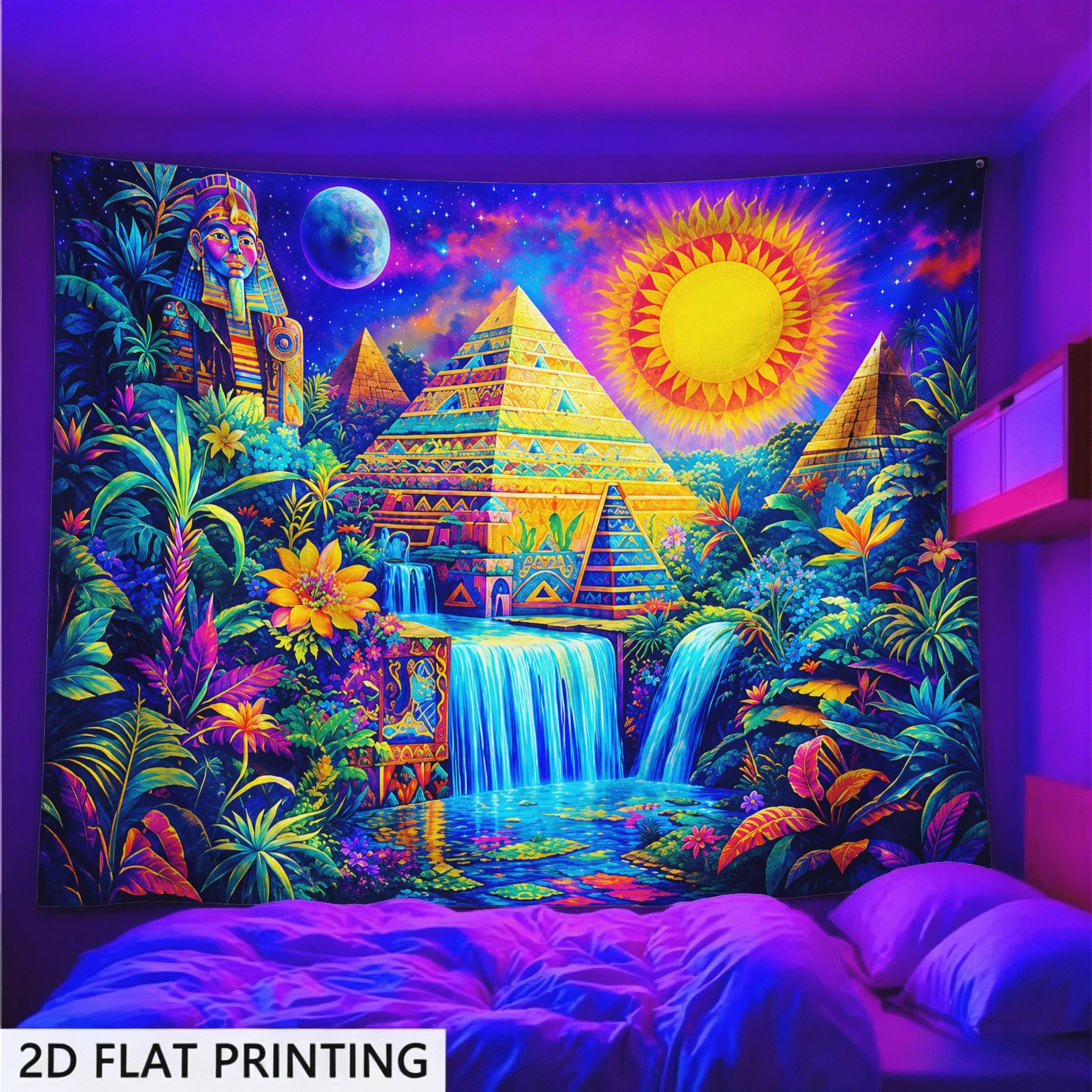 Majestic Psychedelic Pyramid Tapestry Wall Hanging Boho Galaxy Jungle Waterfall Print Polyester Decoration for Room