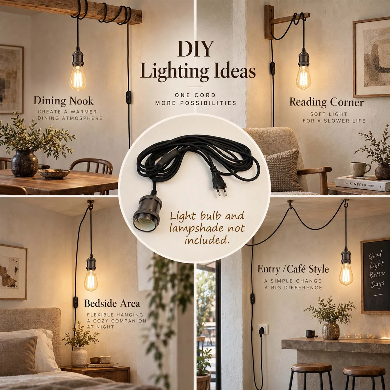 Pendant Light Cord Set, Black  Braided Cable, E27 White Socket, Inline On Off Switch, EU Plug