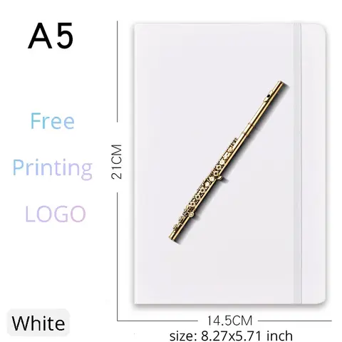 1Pc Personalized Flute A5 Notebook, Custom Text Name Logo White Elastic Band Journal, Perfect Gift for Flute Lovers Teachers
