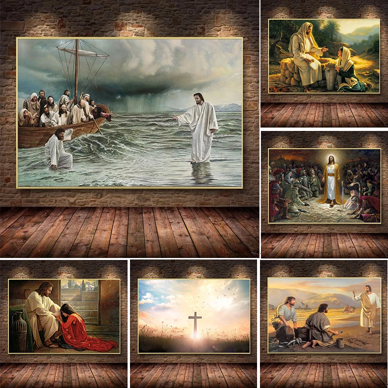 Jesus Christ Walking on Water Religion Series Art Posters Canvas Painting Wall Print Pictures for Living Room Home Decor Cuadros