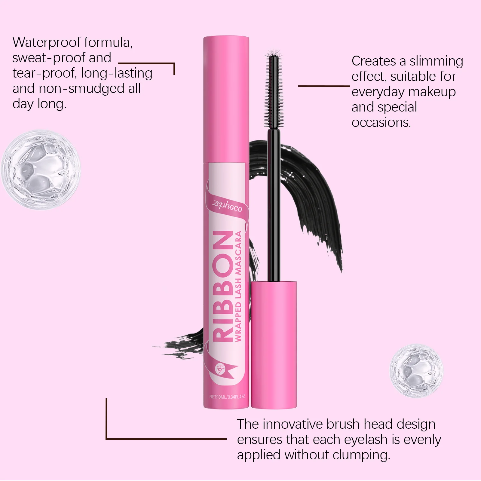 Máscara de pestañas para alargar, resistente al agua, fórmula sin manchas, uso duradero, ojos suaves, fácil aplicación, maquillaje diario, cosméticos para ojos