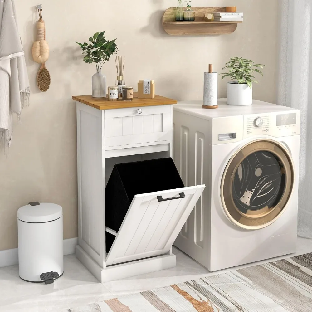 Freestanding 10 Gallon Laundry Hamper Cabinet with Removable Basket, Bathroom Storage Solution