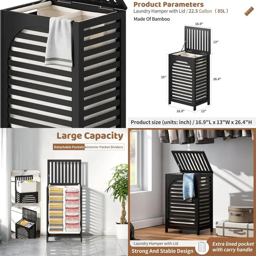 

Большая бамбуковая корзина для белья с крышкой и съемной сумкой, корзина для хранения одежды объемом 85 л для ванной комнаты (черная)