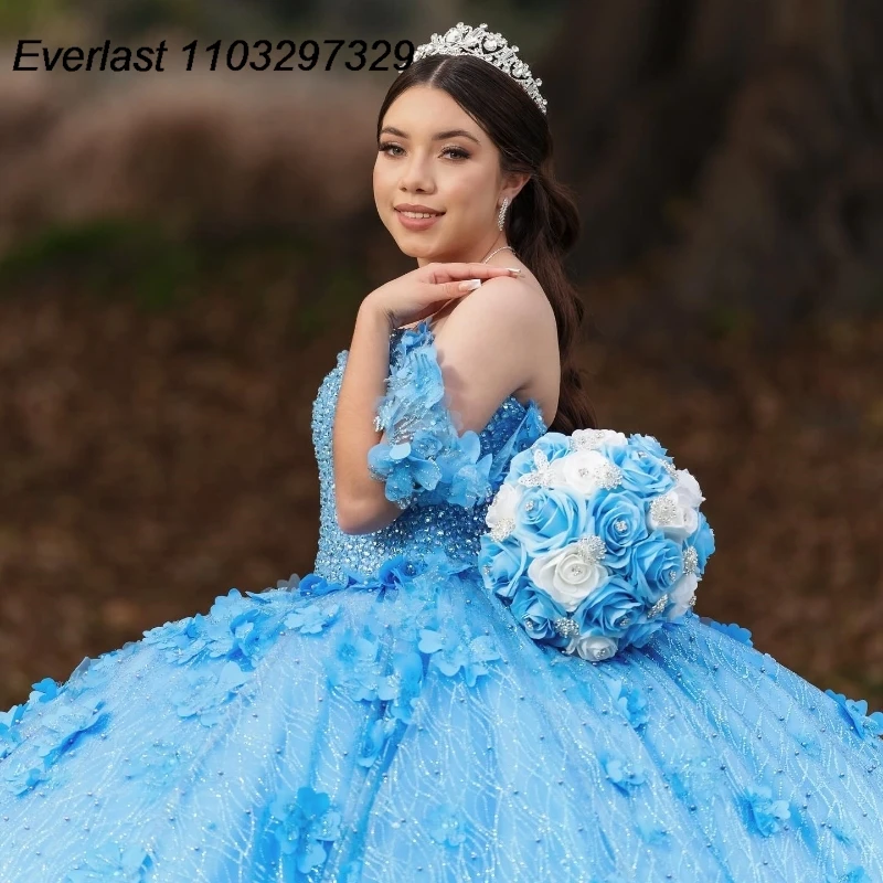 EVLAST Personalizzato Cielo Blu Abito Quinceanera Abito di Sfera Applique Floreale Che Borda A File Corsetto Dolce 16 Abiti Da 15 Anos TQD885