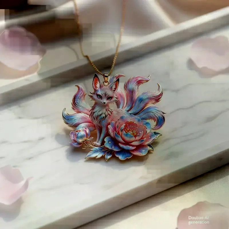 Gradient Enamel Nine-Tailed Fox Peony Pendant Necklace  Popular Trendy Jewelry for Young Ladies Streetwear