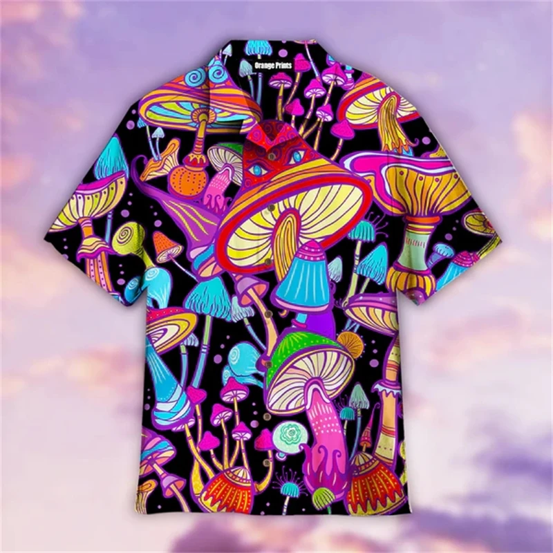 Colorful Mushroom 3d Print Hawaiian ShirtsFor Men Summer Vacation Plants Beach Shirts Button Short Sleeve Street Aloha Shirt Top