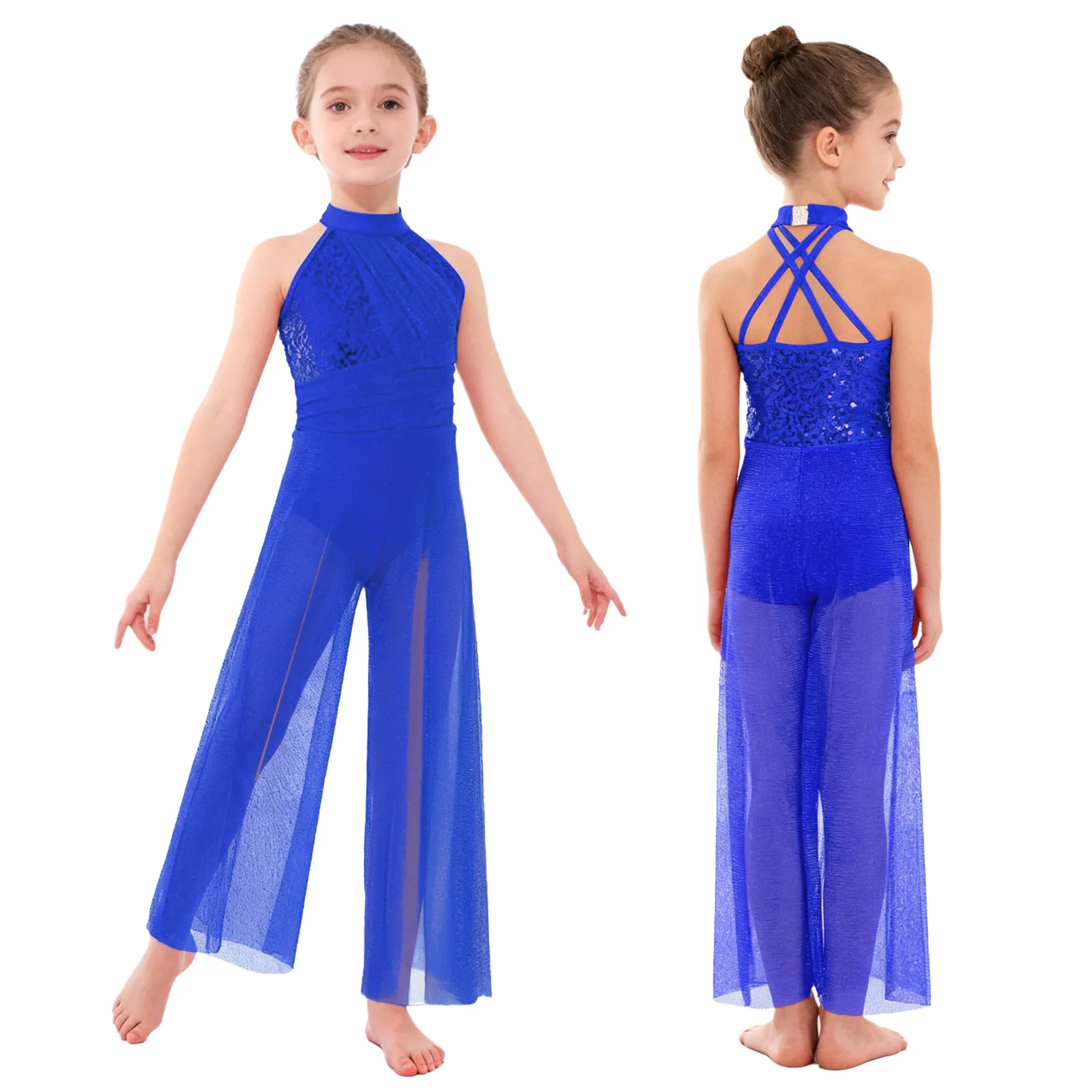 Meisjes moderne lyrische dansvoorstelling jumpsuit glanzende mesh strass steentjes latin schaatsen gymnastiek acrobatiek bodysuit danskleding