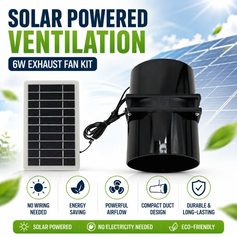 Solar Exhaust Fan Kit with Solar Panel Complete Ventilation System for Outdoor Pet House Battery Life Duct Pipe Installation