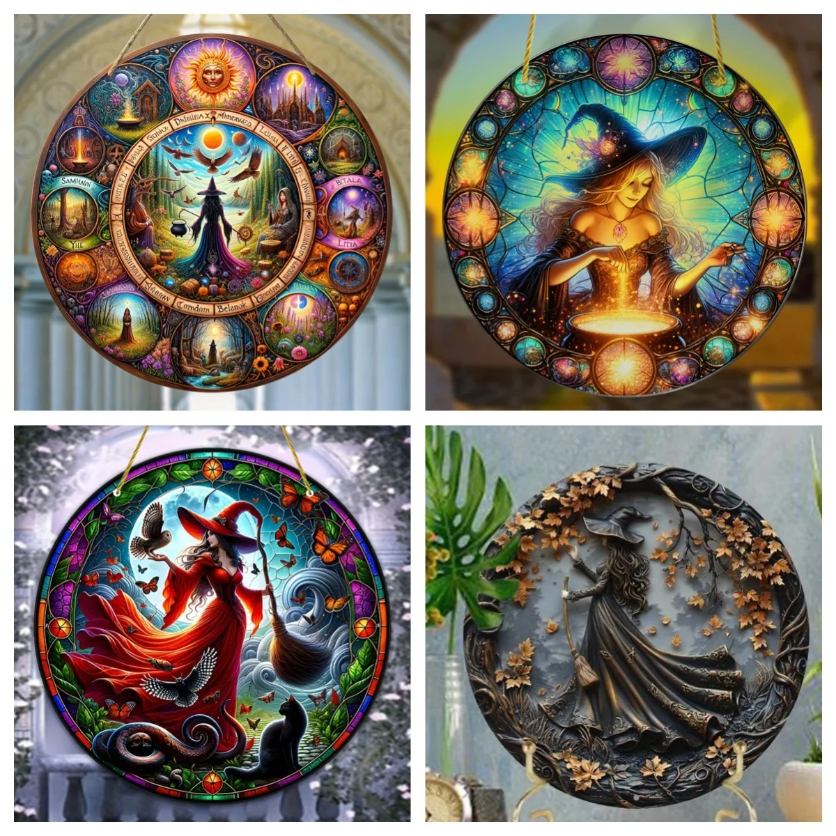 

Halloween Wizard's Broom Imitation Embossed Symbol Round Signage Stained Glass Hanging Window