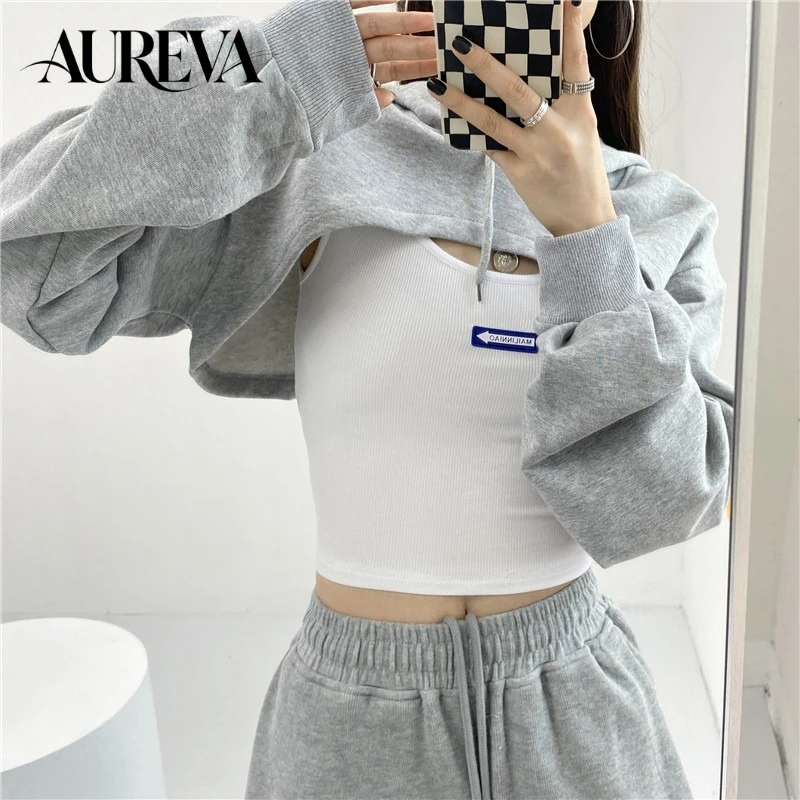 2026 Women's Hooded Cropped Sweatshirt Early Autumn Fashion Irregular Long Sleeve Top Female Navel Exposed Stylish Blouse