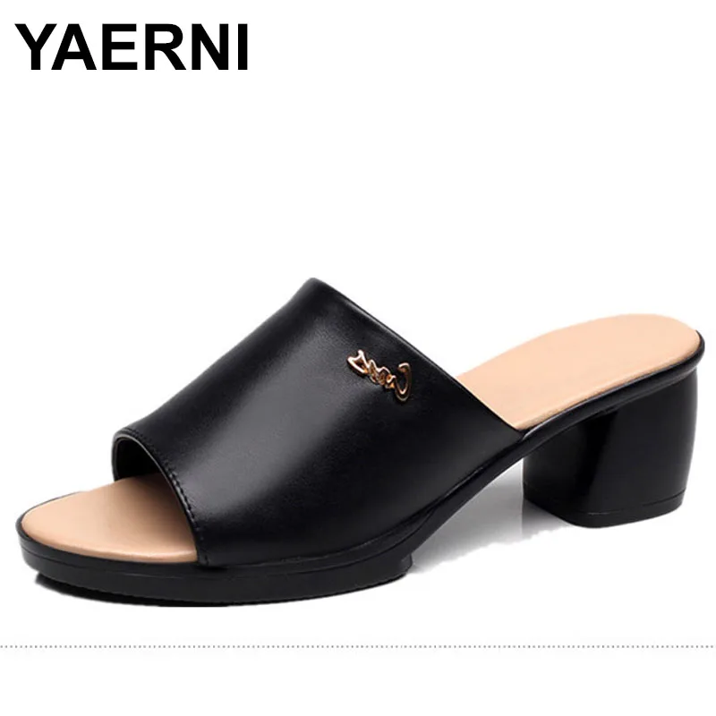 

Open Toe Summer Outside Large Size 40-43 Slippers Chunky Heel 5CM Green Slides Woman Genuine Leather Female Shoes