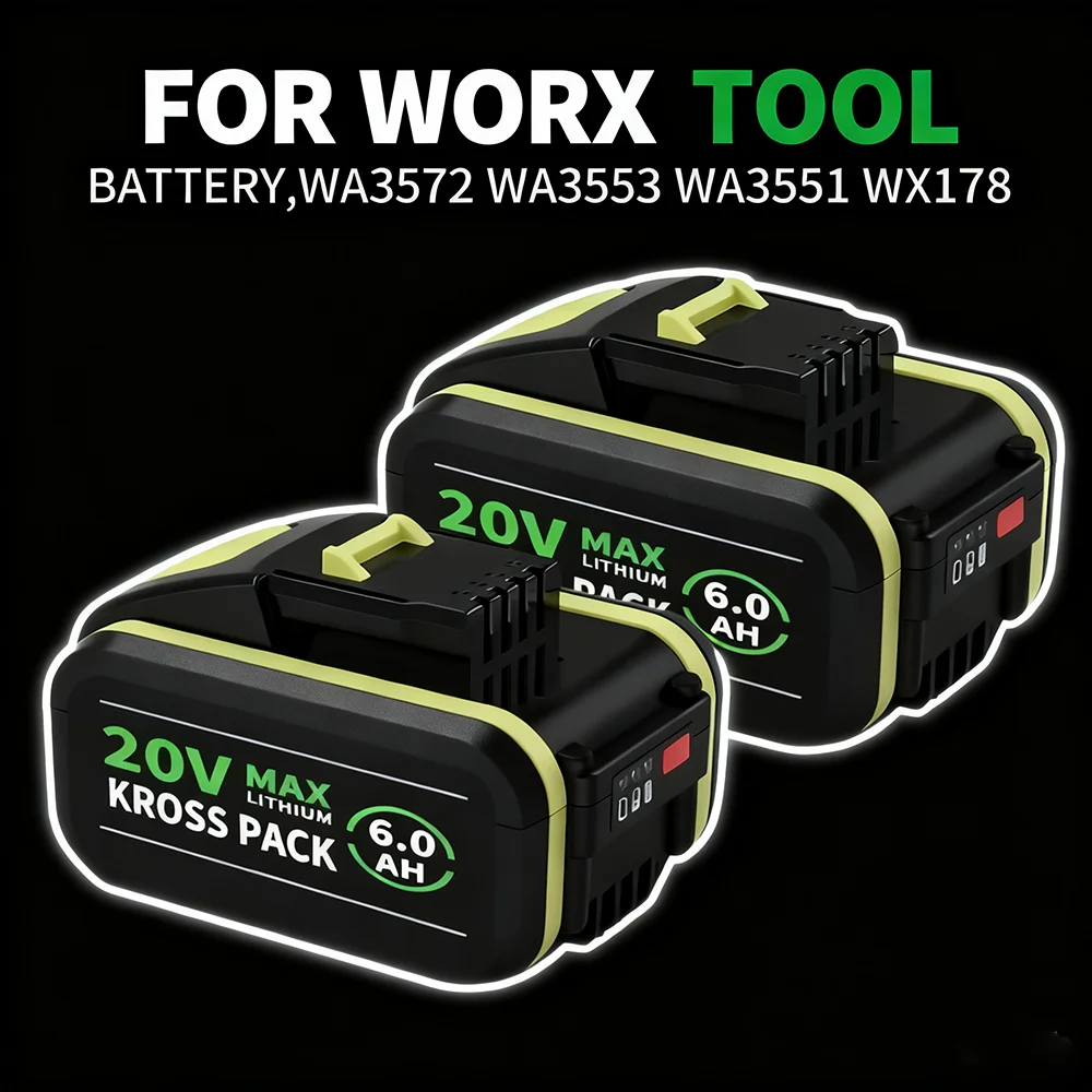 

For WORX 20V 6.0Ah/8.0Ah Replacement Battery Series Power Tools，with LED Indicator, Compatible with WA3553 WA3641 WX373 WX390